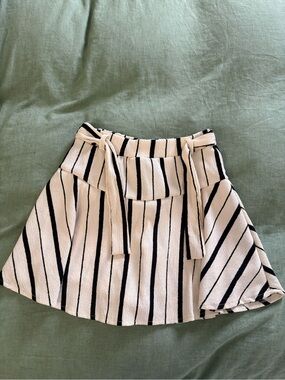 Zara Cream & Black Vertical-Striped Tie-Waist Skater Skirt